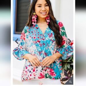 Umgee Blue Pink Ruffled Boxy Blouse with 3/4 Sleeves Size M